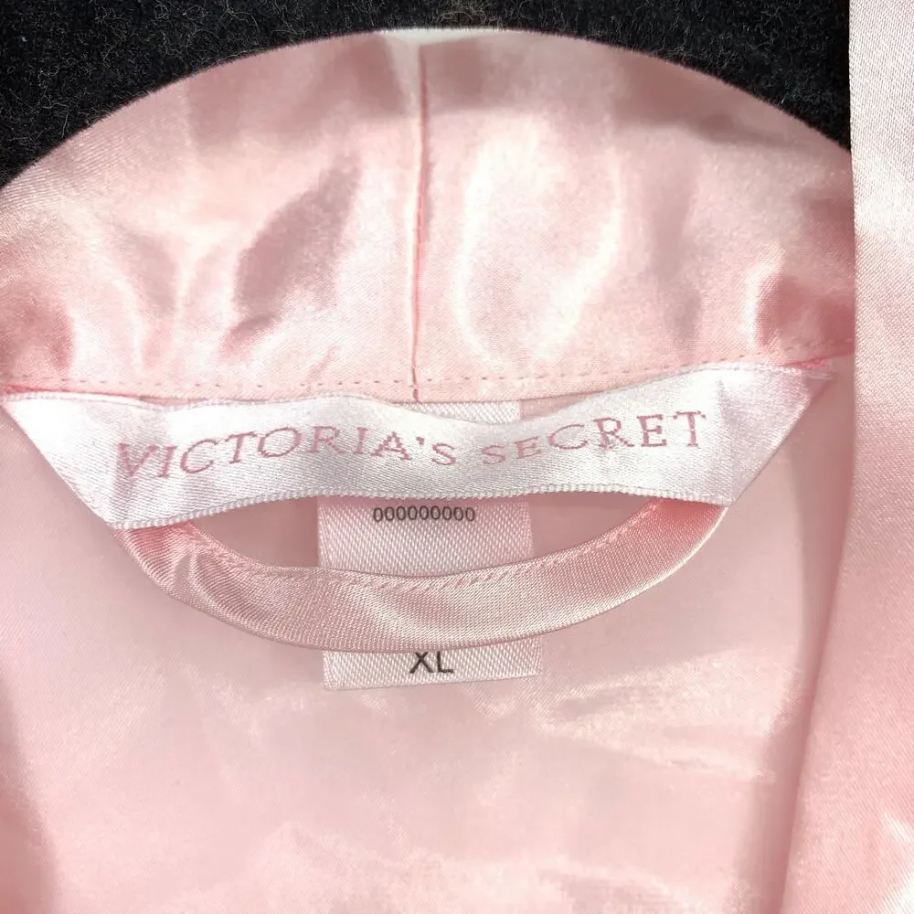 Victorias Secret Robe Tie Waist Womens Size XL Pink Satin Black Lace
